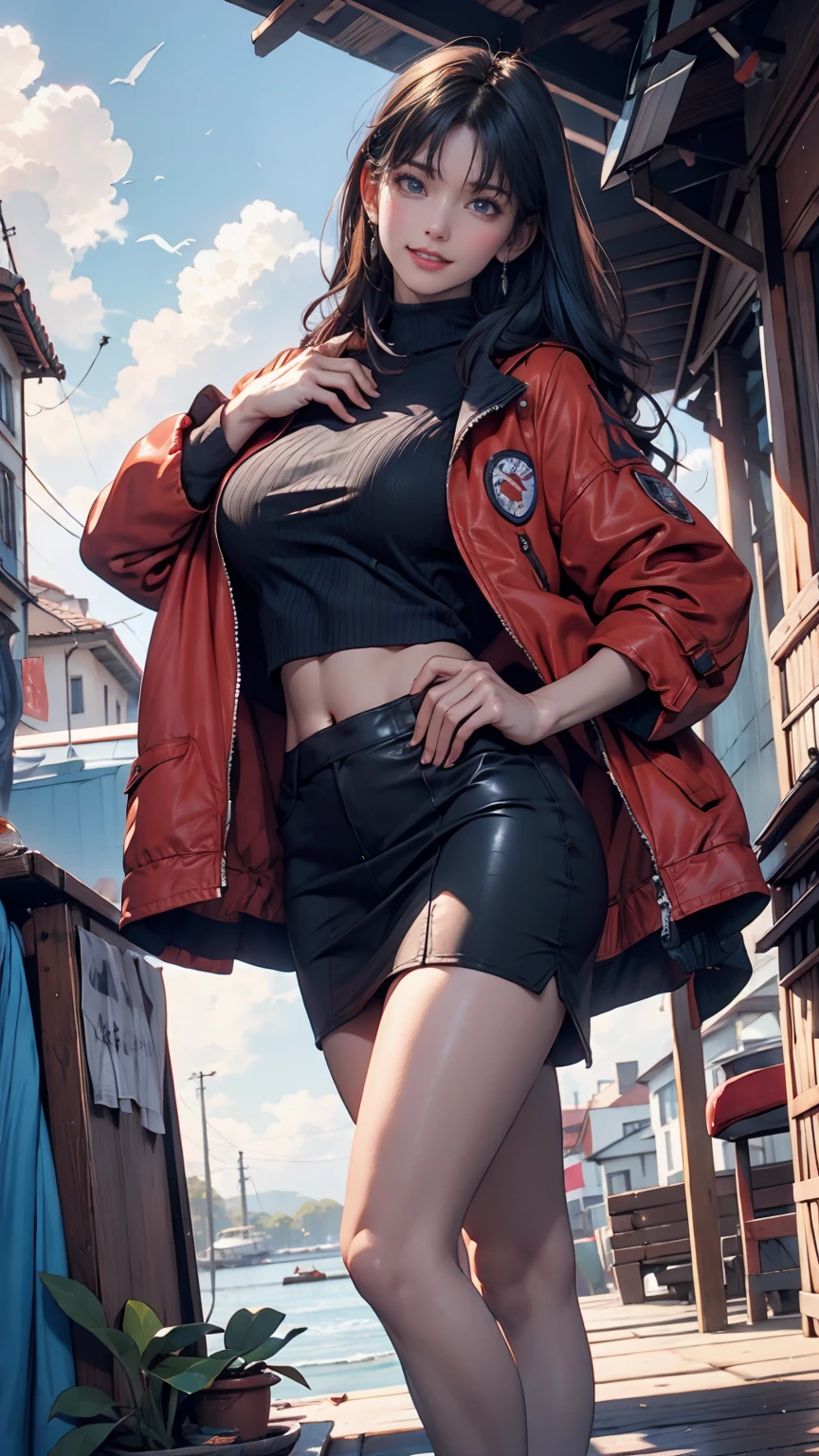 Misato Katsuragi (Misato Katsuragi)  - Neon Genesis Evangelion ( Neon Genesis Evangelion ) - COMMISSION、 24 year old female、 blue hair、 long hair、 Black High Neck Top 、 Red Midriff Length Jacket、 Black Tight Skirt 、Stiletto heels、blue sky、cloud、Old Town、smile、 place your hands on your hips