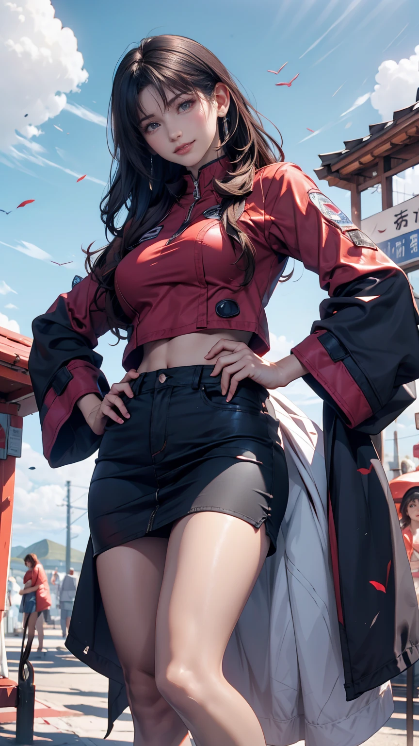 Misato Katsuragi (Misato Katsuragi)  - Neon Genesis Evangelion ( Neon Genesis Evangelion ) - COMMISSION、 24 year old female、 blue hair、 long hair、 Black High Neck Top 、 Red Midriff Length Jacket、 Black Tight Skirt 、Stiletto heels、blue sky、cloud、Old Town、smile、 place your hands on your hips