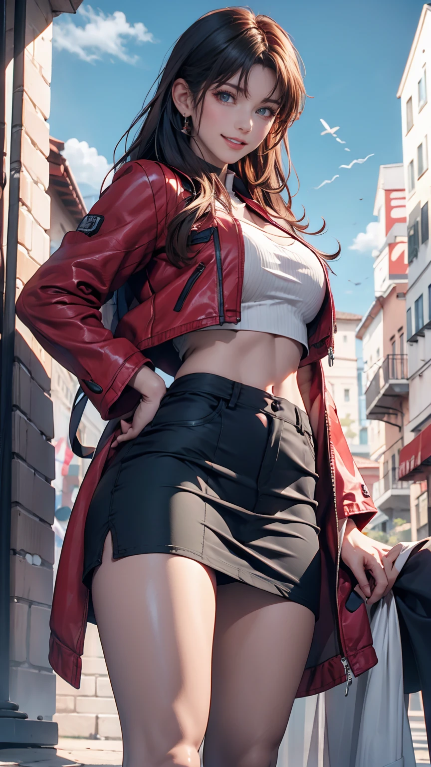 Misato Katsuragi (Misato Katsuragi)  - Neon Genesis Evangelion ( Neon Genesis Evangelion ) - COMMISSION、 24 year old female、 blue hair、 long hair、 Black High Neck Top 、 Red Midriff Length Jacket、 Black Tight Skirt 、Stiletto heels、blue sky、cloud、Old Town、smile、 place your hands on your hips