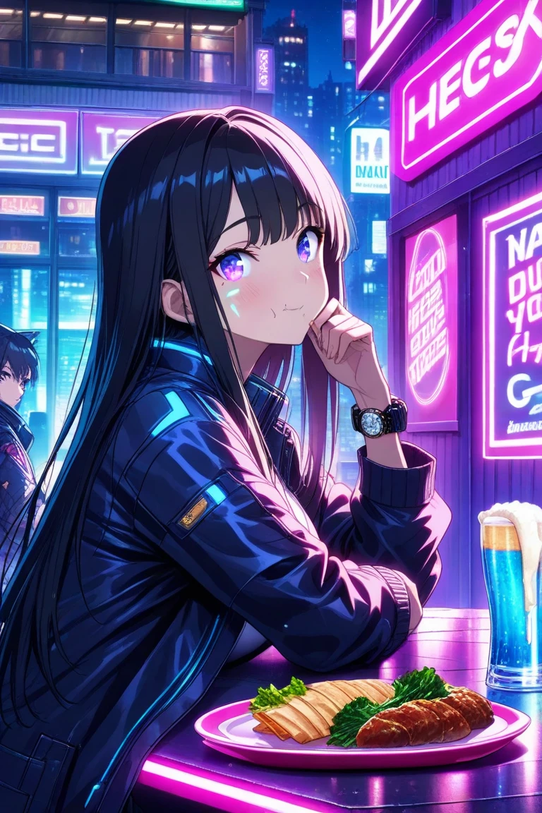 Beauty,   long black hair, eating deliciously ,食べ物のプレートを持つBeautyアニメキャラクター,multiple girl,   Duo Focus  , ,  sitting ,  watches viewers , Outdoor Bar  ,   under neon lights  , cheers,  Cheers Together  ,  Wakino, drinking Beer  , Beer  ,   under neon lights  ,   cyberpunk atmosphere  ,   neon sign   ,  top quality,4K UHD,   high detail , scenery,   Extremely bright glow  , ,  anime cover  .close,cooking