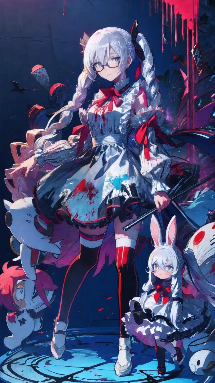 Tokyo ghoul style, female, 22, long white wavy hair in 2 pigtails, light blue bow accessories, white and baby blue ****ta dress, black Mary janes, white knee high socks, holding a stitched up toy rabbit, adult woman, mature, grey eyes, glasses, smiling, standing over a bloodied , covered in blood splatter, headless dolls on the ground, mutilated stuffed animals
