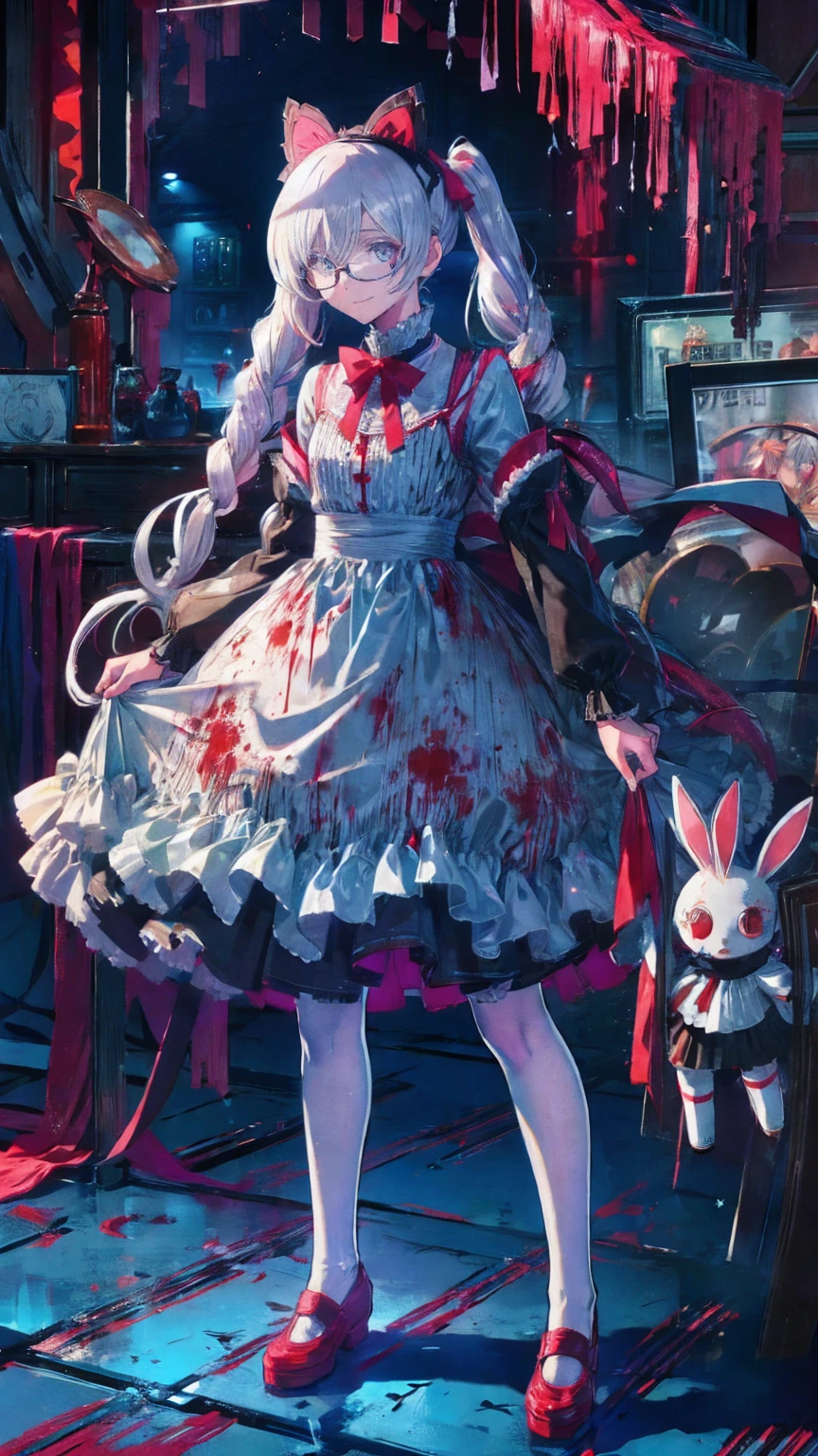 Tokyo ghoul style, female, 22, long white wavy hair in 2 pigtails, light blue bow accessories, white and baby blue ****ta dress, black Mary janes, white knee high socks, holding a stitched up toy rabbit, adult woman, mature, grey eyes, glasses, smiling, standing over a bloodied , covered in blood splatter, headless dolls on the ground, mutilated stuffed animals
