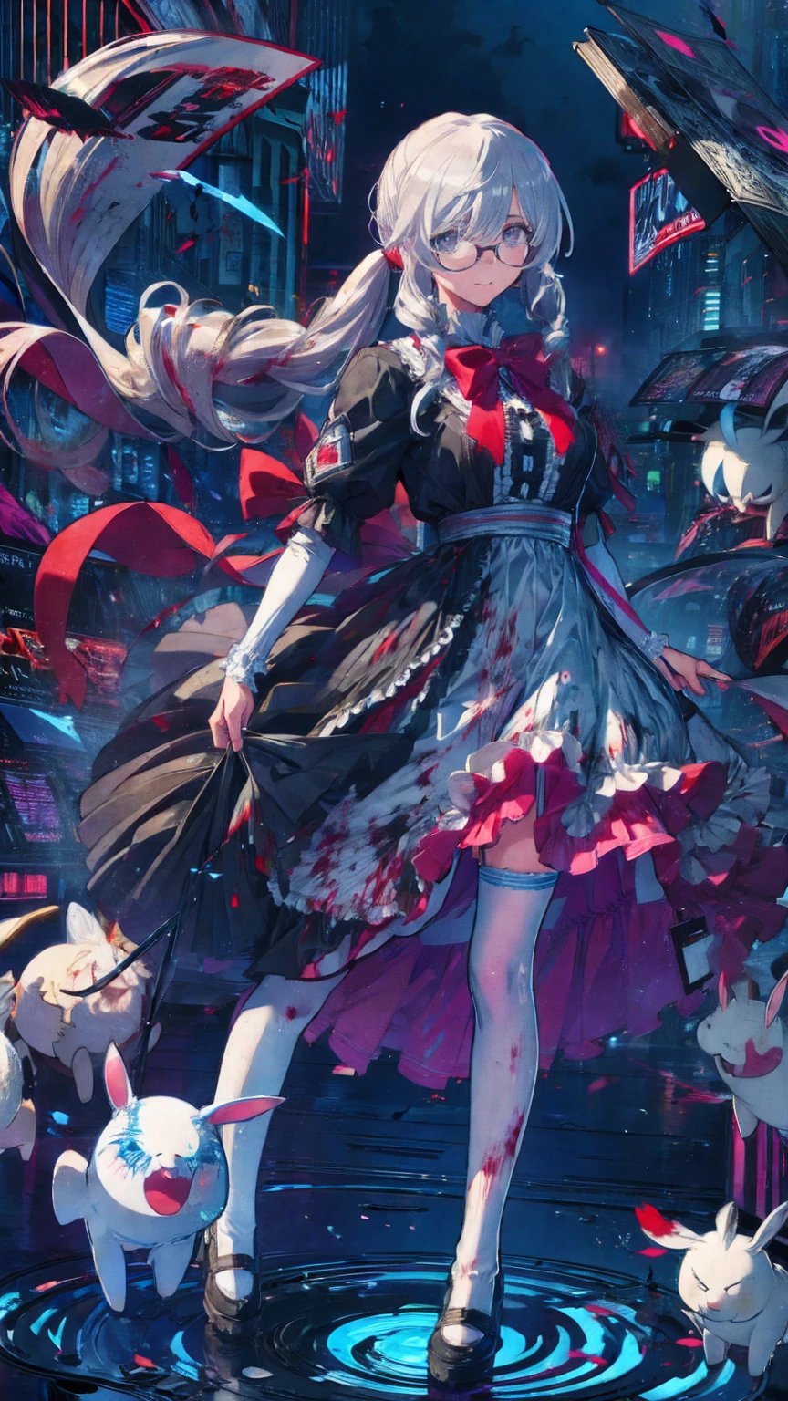 Tokyo ghoul style, female, 22, long white wavy hair in 2 pigtails, light blue bow accessories, white and baby blue ****ta dress, black Mary janes, white knee high socks, holding a stitched up toy rabbit, adult woman, mature, grey eyes, glasses, smiling, standing over a bloodied , covered in blood splatter, headless dolls on the ground, mutilated stuffed animals
