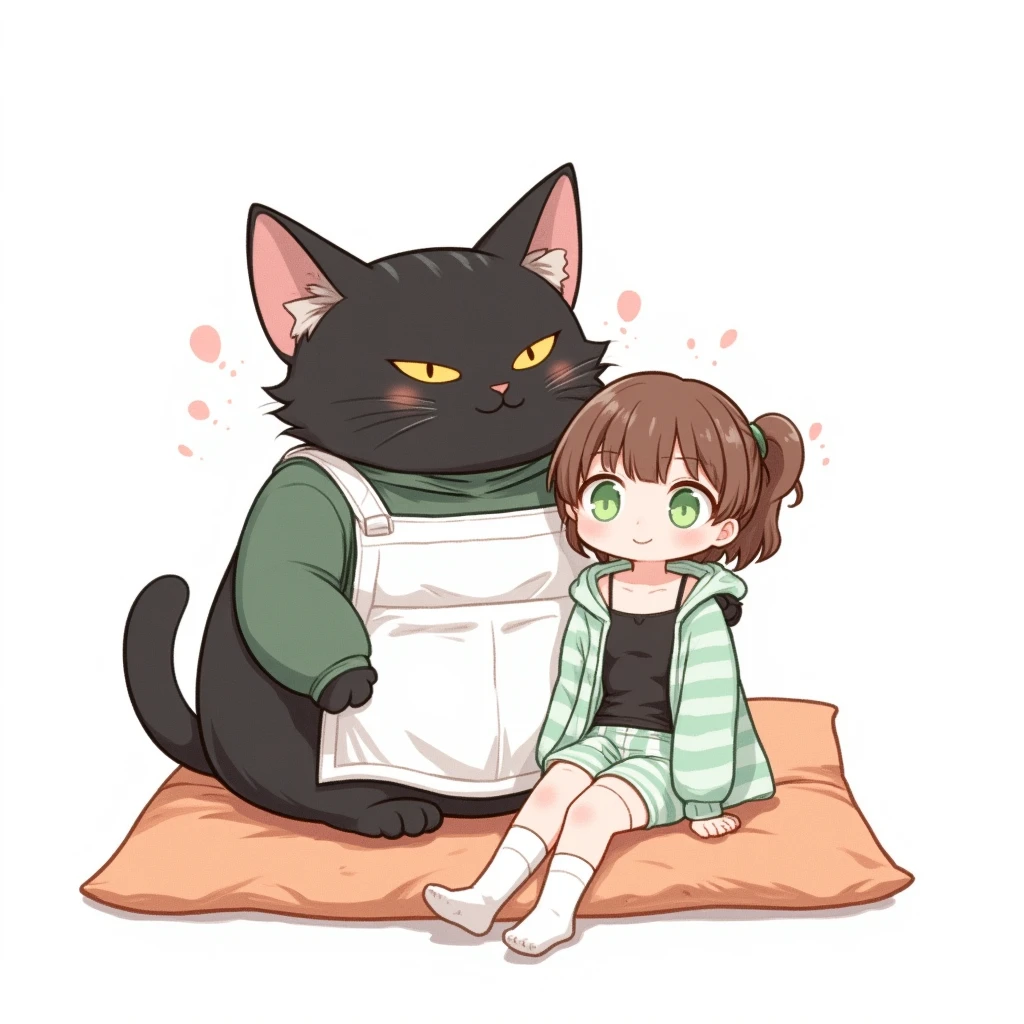 Watercolor painting illustration, full body, A big-black-cat and A cute-young-girl are sitting on cushion, A big-black-cat is 1cat\(A fat furry male black cat, wearing a white apron with long sleeves, His Ears tilted back and spread out to the sides, drooping ears, Slit yellow eyes, slit eyes, slit yellow eyes\), A cute-young-girl is 1girl\(brown hair, asymmetrical hair, updo, Lime Green eyes, A light green horizontal striped open-front hoodie over a black camisole, Light green striped shorts, White thigh high socks, wariza\), simple white background