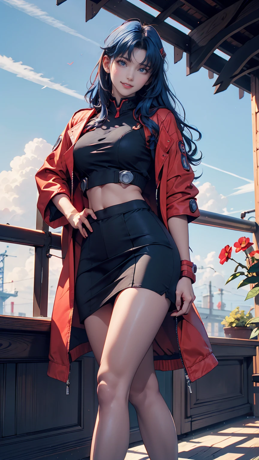 Misato Katsuragi (Misato Katsuragi)  - Neon Genesis Evangelion ( Neon Genesis Evangelion ) - COMMISSION、 24 year old female、 blue hair、 long hair、 Black High Neck Top 、 Red Midriff Length Jacket、 Black Tight Skirt 、Stiletto heels、blue sky、cloud、Old Town、smile、 place your hands on your hips