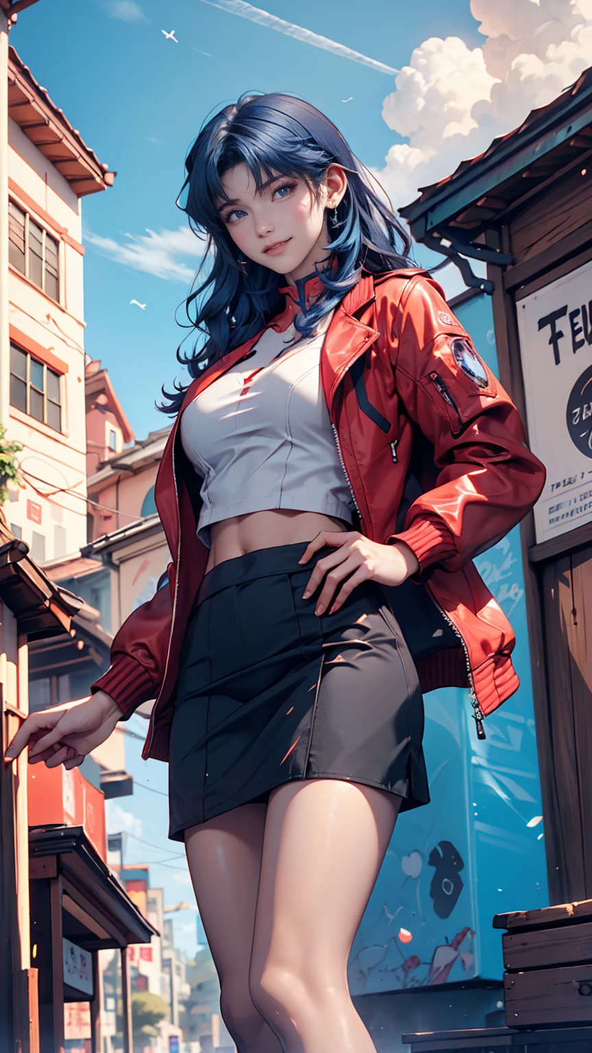 Misato Katsuragi (Misato Katsuragi)  - Neon Genesis Evangelion ( Neon Genesis Evangelion ) - COMMISSION、 24 year old female、 blue hair、 long hair、 Black High Neck Top 、 Red Midriff Length Jacket、 Black Tight Skirt 、Stiletto heels、blue sky、cloud、Old Town、smile、 place your hands on your hips