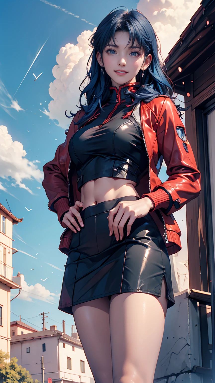 Misato Katsuragi (Misato Katsuragi)  - Neon Genesis Evangelion ( Neon Genesis Evangelion ) - COMMISSION、 24 year old female、 blue hair、 long hair、 Black High Neck Top 、 Red Midriff Length Jacket、 Black Tight Skirt 、Stiletto heels、blue sky、cloud、Old Town、smile、 place your hands on your hips