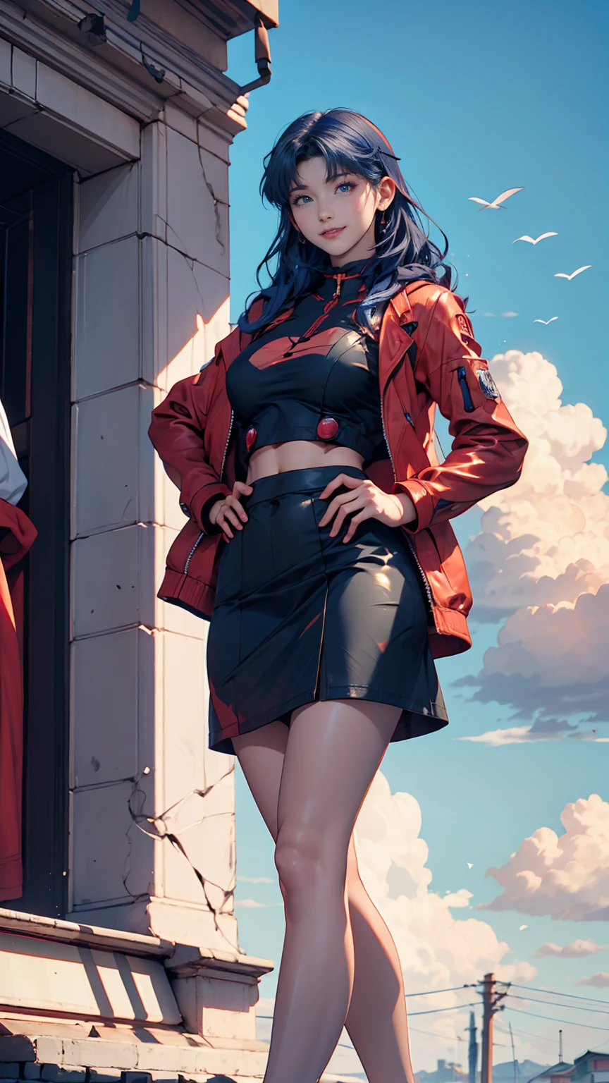 Misato Katsuragi (Misato Katsuragi)  - Neon Genesis Evangelion ( Neon Genesis Evangelion ) - COMMISSION、 24 year old female、 blue hair、 long hair、 Black High Neck Top 、 Red Midriff Length Jacket、 Black Tight Skirt 、Stiletto heels、blue sky、cloud、Old Town、smile、 place your hands on your hips