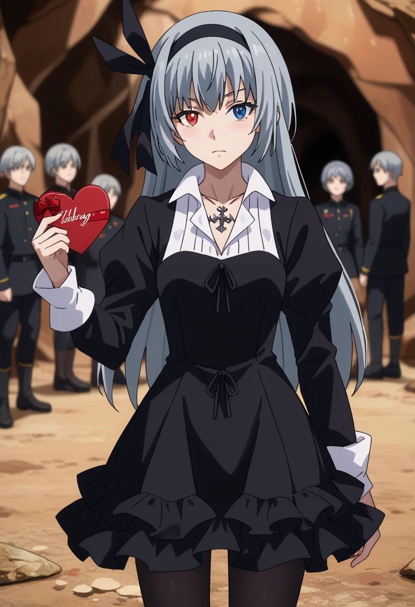  score_7_up,  anime screen capture,
Valentine&#39;s Day,
 1 girl in uniform, Alone,   closed mouse with open pupils,
 long hair, Grey Hair,  heterochromia, red eyes,  blue eyes,   Black Hairbands , hair ribbon,  black ribbon,
ruffle dress,  black dress,  puff sleeve ,  white shirt,  Cross Necklace ,  Arm Warmer ,  black pantyhose ,
 standing,  watching viewers,  cowboy shot,
Blurred Background, indoor, cave