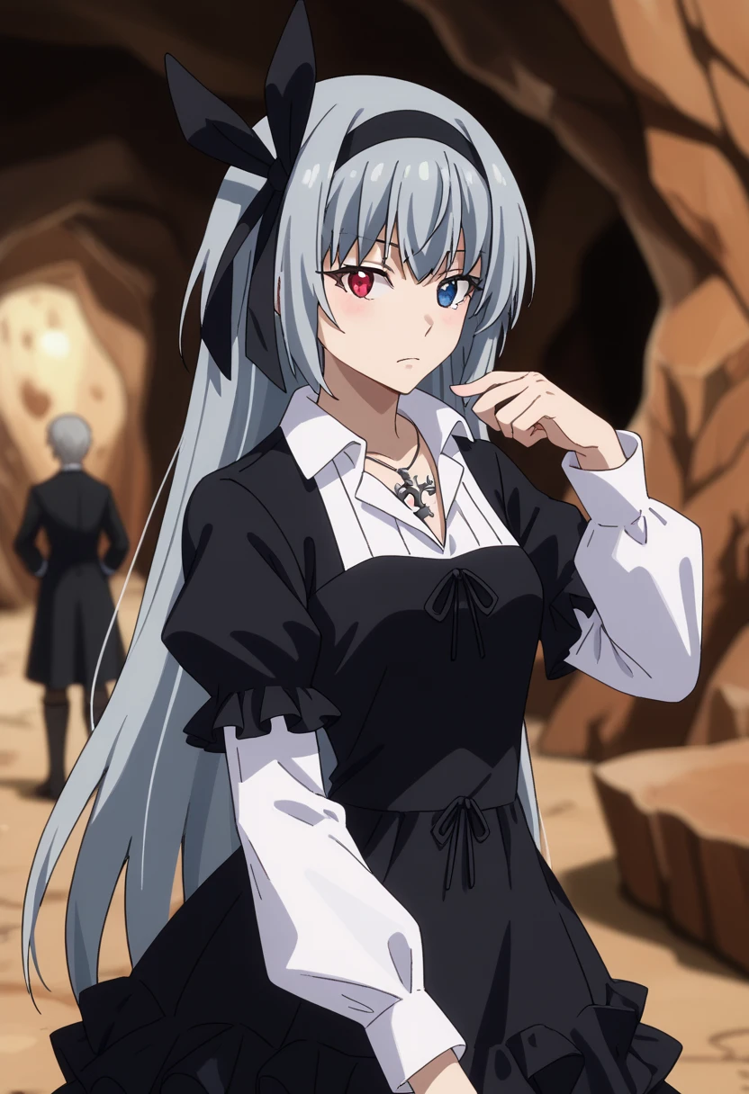  score_7_up,  anime screen capture,
Valentine&#39;s Day,
 1 girl in uniform, Alone,   closed mouse with open pupils,
 long hair, Grey Hair,  heterochromia, red eyes,  blue eyes,   Black Hairbands , hair ribbon,  black ribbon,
ruffle dress,  black dress,  puff sleeve ,  white shirt,  Cross Necklace ,  Arm Warmer ,  black pantyhose ,
 standing,  watching viewers,  cowboy shot,
Blurred Background, indoor, cave