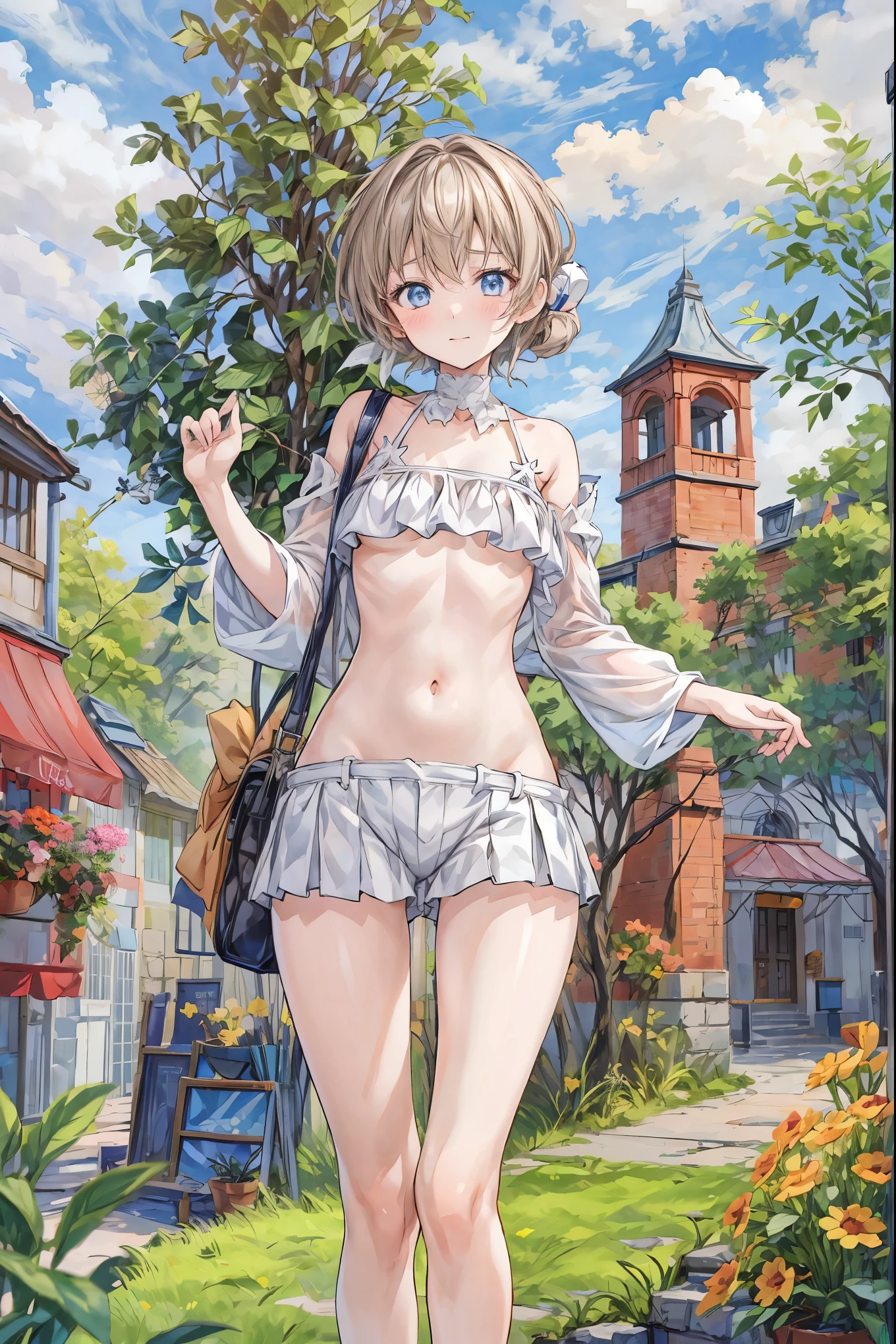 ((topless)), nsfw, masterpiece, solo, 1 girl, erect nipples, nipples, navel, necklace, scottish kilt, smiling, hair ornament, bare breasts, bare stomach, sweaty, cowboy shot, small breasts, puffy nipples, texts, bare arms, collarbones, blonde, flower crown, smiling, , flat chest, blue eyes, scottish skirt, small breasts, , apple basket, farm, alpine, temperate, , slim waist, snowy mountain, detailed eyes, beautiful eyes
