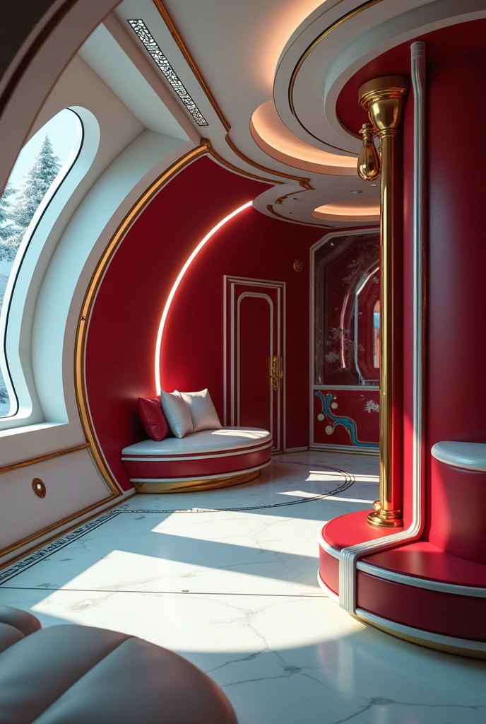 Paint one accent wall burgundy and use white and cyan fixtures to contrast. Add gold or brass hardware to elevate the richness of the space, futuristic cyberpunk-style Christmas spaceship interior
