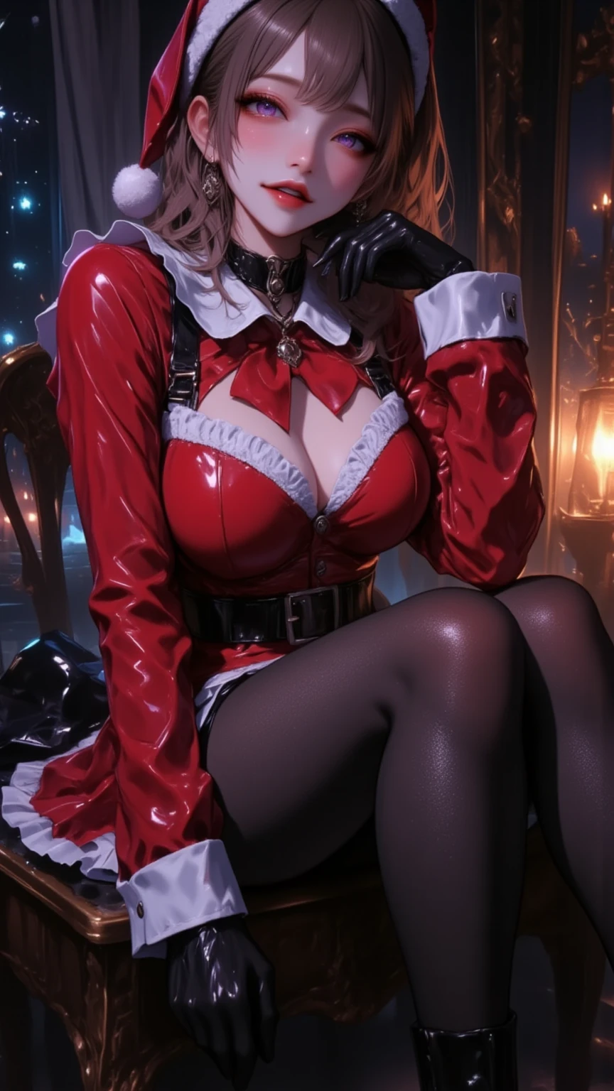  1 mature bewitching woman ,(masterpiece, top quality, very detailed depiction, Incredibly Absurd High Definition ,Curvaceous Body),(Bewitching Queen ),(Red latex maid style Santa Claus costume, pencil skirt, bodystocking,Santa hat,black lace gloves, luxury accessories ,A mysteriously shining jewel, black tights, high heels, thigh high boots ),(Purple Eyes,Crazy Eyes, Half Closed Eyes :1.5, are opening their mouths, bewitching smile, Glossy Lipstick,Beautiful legs, healthy legs,Seductive gestures, forward leaning position), sitting position, full body image :2.0,Dim atmosphere,Lamplight, from above:2.0