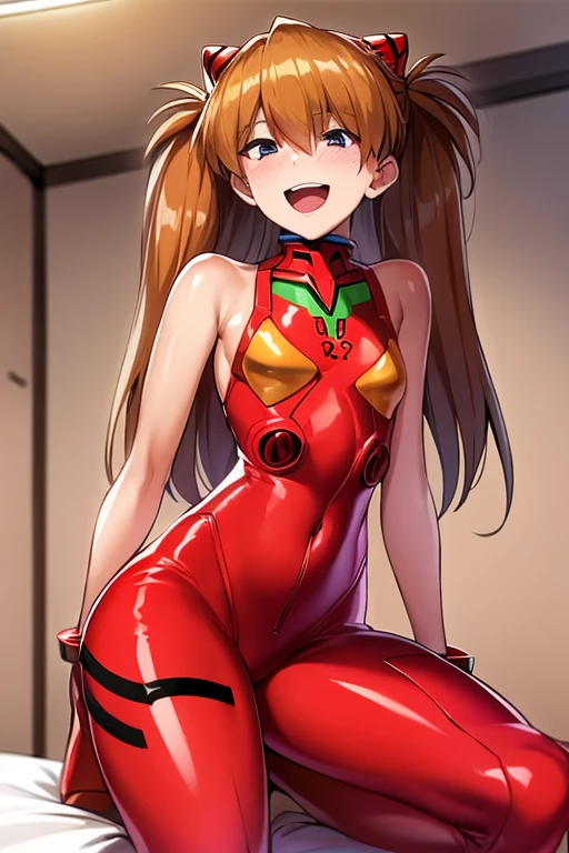 (( top quality)), ((masterpiece)), (be familiar with),  perfect face, indoor, bedroom,  watching viewers,
One woman,  Soryu Asuka Langley,
 open mouth,  with an ecstatic expression , blush, smile,
 small tits,  flat chested, Young girl, Lori,  s,  girl,
 long hair,  twin tails,
Leg spread,