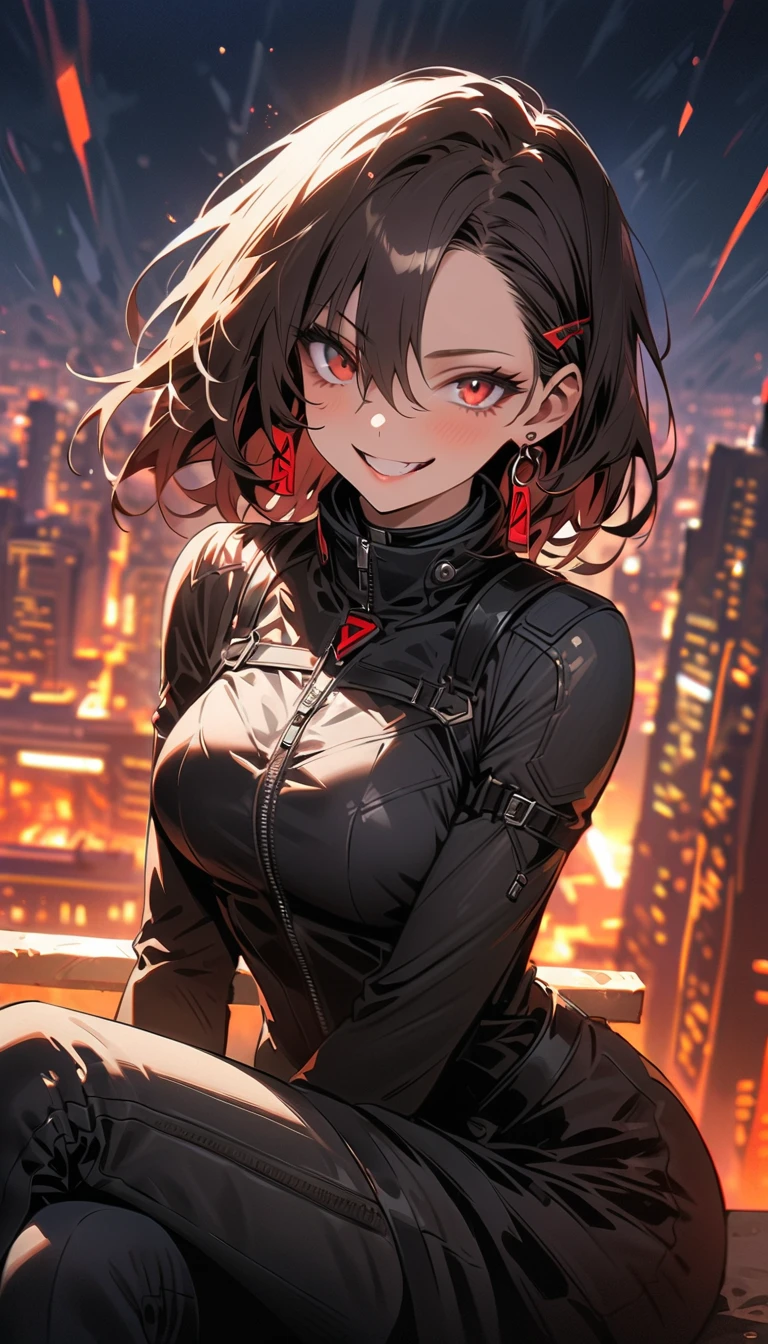 Woman standing in the dark:1.2, Uneasy atmosphere,Dark night above the city, Red Moon, Red Moonに渦巻くエネルギー潮流, A Bad Premonition, Rooftop, More about women:Detailed face, Long eyelashes, Bewitching pose、Lewd smile, Open your mouth, Drooling, High leg bodysuit, Shiny black costume, Wearing a robe, Shining Thin Film Interference Costume, Cinematic lighting, Dutch Angle, Magical Energy Effects.
