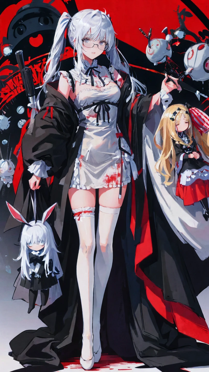 Tokyo ghoul style, female, 22, long white wavy hair in 2 pigtails, light blue bow accessories, white and baby blue ****ta dress, black Mary janes, white knee high socks, holding a stitched up toy rabbit, adult woman, mature, grey eyes, glasses, smiling, standing over a bloodied , covered in blood splatter, headless dolls on the ground, mutilated stuffed animals
