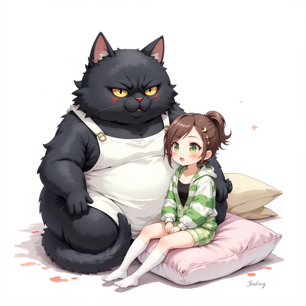 Watercolor painting illustration, full body, A big-black-cat and A cute-young-girl are sitting on cushion, A big-black-cat is 1cat\(A fat furry male black cat, wearing a white apron with long sleeves, His Ears tilted back and spread out to the sides, drooping ears, Slit yellow eyes, slit eyes, slit yellow eyes\), A cute-young-girl is 1girl\(brown hair, asymmetrical hair, updo, Lime Green eyes, A light green horizontal striped open-front hoodie over a black camisole, Light green striped shorts, White thigh high socks, wariza\), simple white background