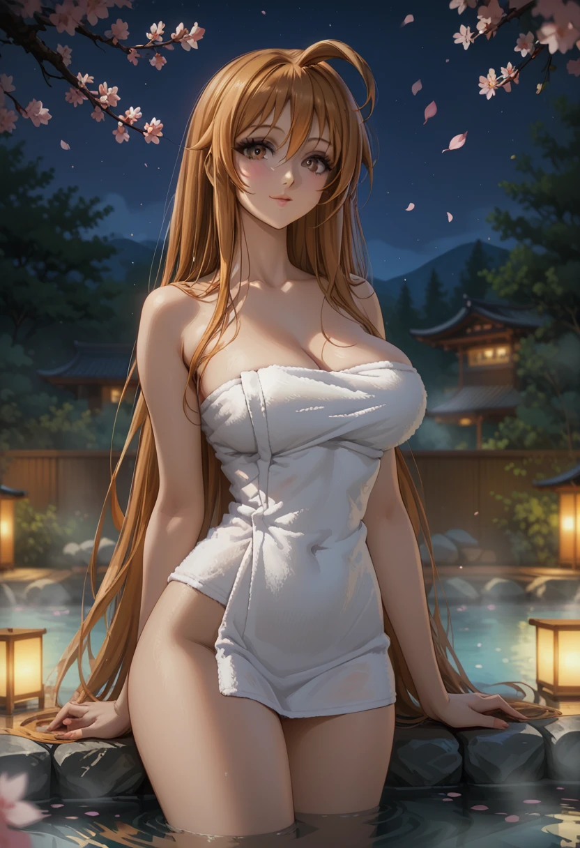 score_9, score_8_up, score_7_up, 1girl, solo, beautiful waifu, thicc, tall, mature sexy woman, (Aya Natsume, natsume aya, orange hair, long hair, brown eyes, ahoge:1.2), wearing (white naked towel:1.1), cleavage, detailed eyes, detailed face, flirt, (sexy pose:1.2), standing, in beautiful Kyoto Onsen, cherry blossoms, lowlight, (night:1.2), shallow depth of field.