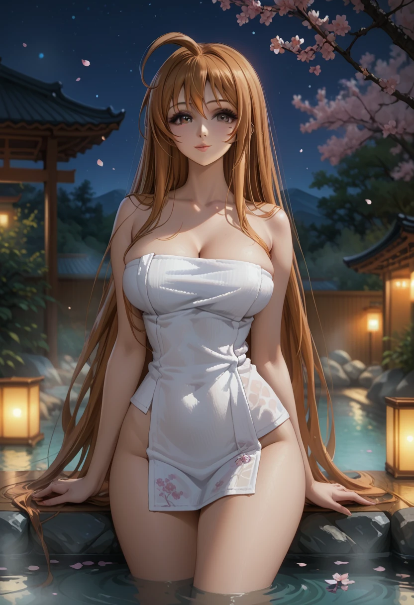 score_9, score_8_up, score_7_up, 1girl, solo, beautiful waifu, thicc, tall, mature sexy woman, (Aya Natsume, natsume aya, orange hair, long hair, brown eyes, ahoge:1.2), wearing (white naked towel:1.1), cleavage, detailed eyes, detailed face, flirt, (sexy pose:1.2), standing, in beautiful Kyoto Onsen, cherry blossoms, lowlight, (night:1.2), shallow depth of field.