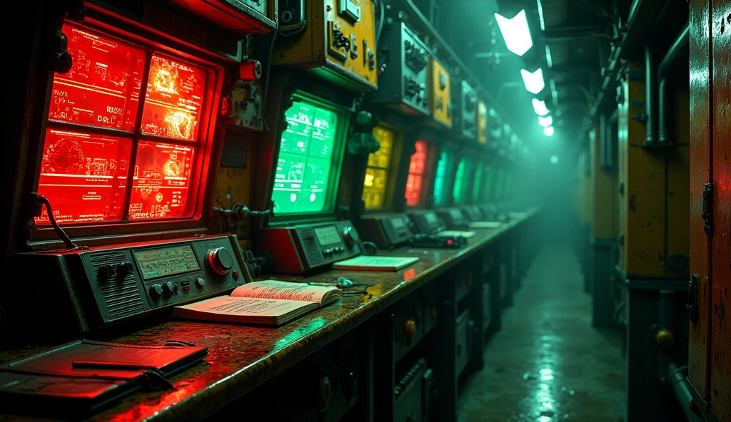 " Interior of a technological submarine .  Panels with lights flashing in red and green ,  with an old radio displaying static . A small notebook is on a table .  The environment is claustrophobic ,  with exposed metal walls and pipes . In the background,  distorted sounds and a faint haze suggest tension."