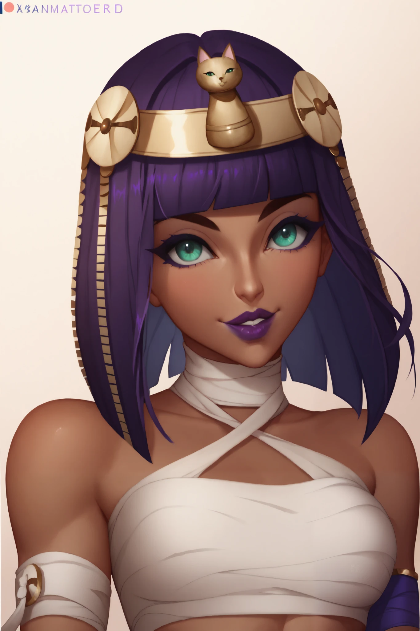 ((MenatDG)), ((Masterpiece)), ((cartoon style)), ((rendered art)), {(toned figure), (brown skin), (round face), (green eyes), (long eyelashes), (thin eyebrows), (purple hair), (head ornament), (gold cat ornament), (lush lips), (purple lipstick), (cute smile)}, {(looking at viewer)} ((desert)), ((oasis))