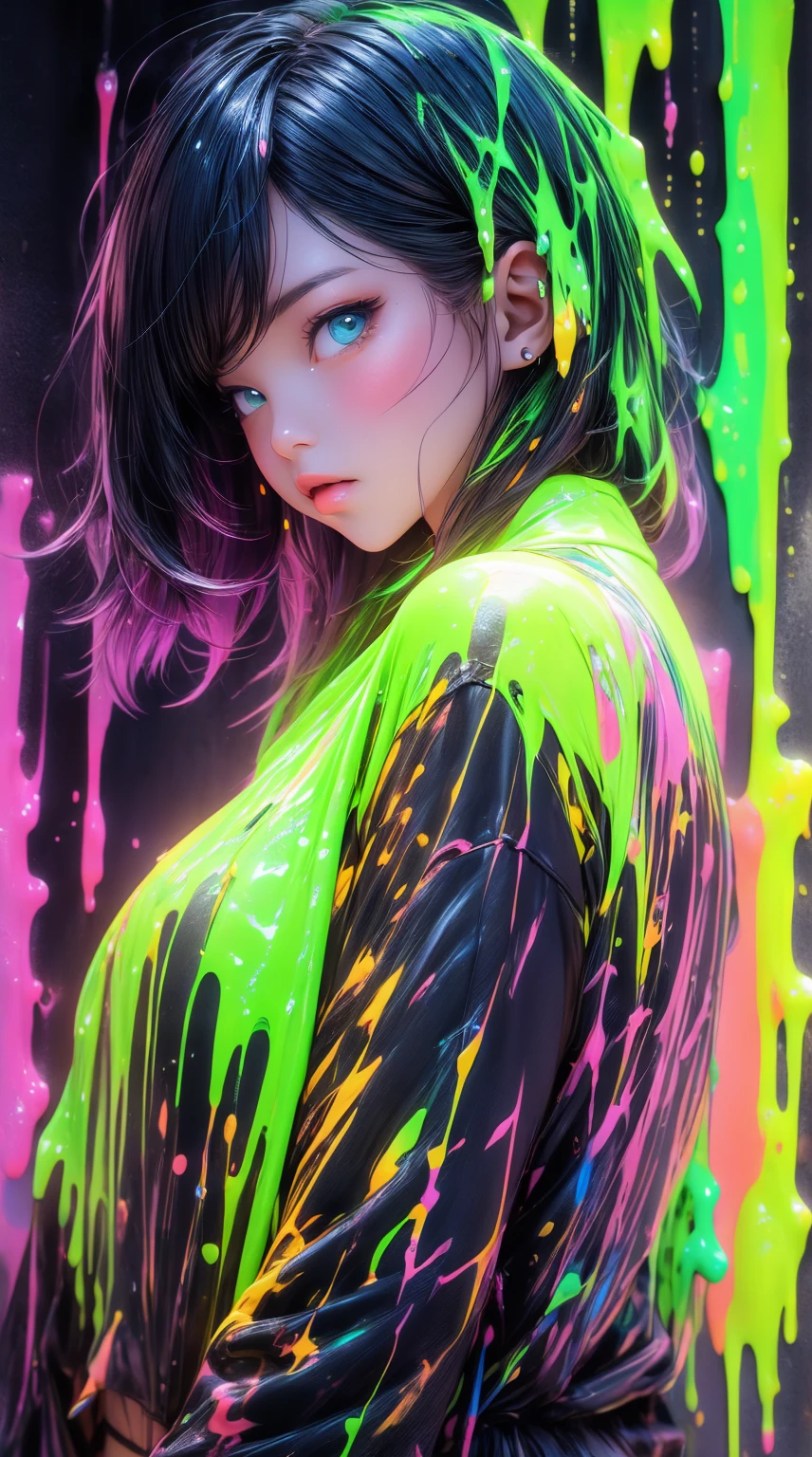 (Paint splashes),colorful ,body paint, body art, paint covered her body,lamplight,the girl,Look at the camera,Slime Gir,big round eyes, Cutes, sexy po nude body,ve the knee shot