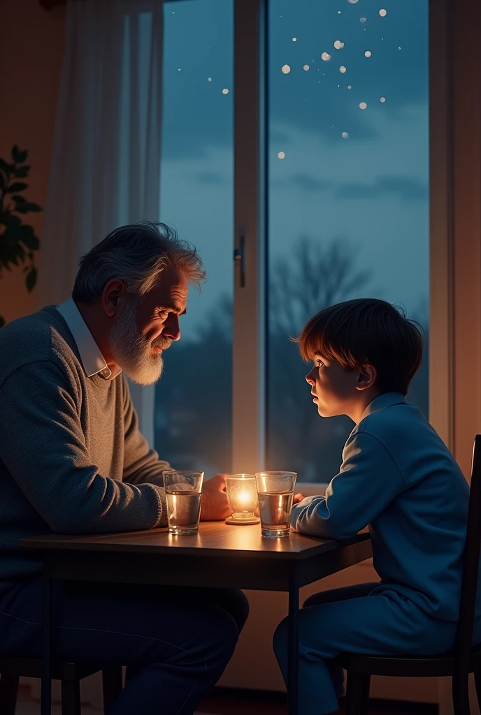 Adult boy serious discuss with their grandfather at night in village home without light