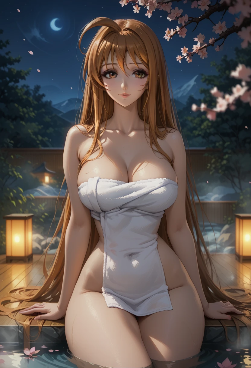 score_9, score_8_up, score_7_up, 1girl, solo, beautiful waifu, thicc, tall, mature sexy woman, (Aya Natsume, natsume aya, orange hair, long hair, brown eyes, ahoge:1.2), wearing (white naked towel:1.1), cleavage, detailed eyes, detailed face, flirt, (sexy pose:1.2), sitting, thigh, in beautiful Kyoto Onsen, cherry blossoms, lowlight, (night:1.2), shallow depth of field.