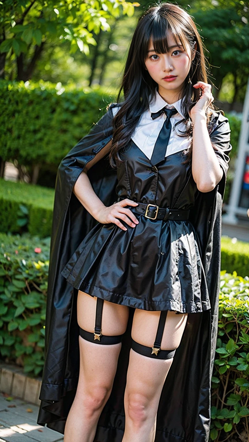 (8K、RAW Photos、Highest quality、masterpiece:1.2)、(Highest quality、Realistic)、1 Girl、((Tube top、mini skirt、Idol Costume、Cape、ribbon、Medium Hair、See-through、smile、Silver and Black、Thin legs、whole body、boots、garden、View from the front、Looking into the camera、Stand with hands on hips))、cute