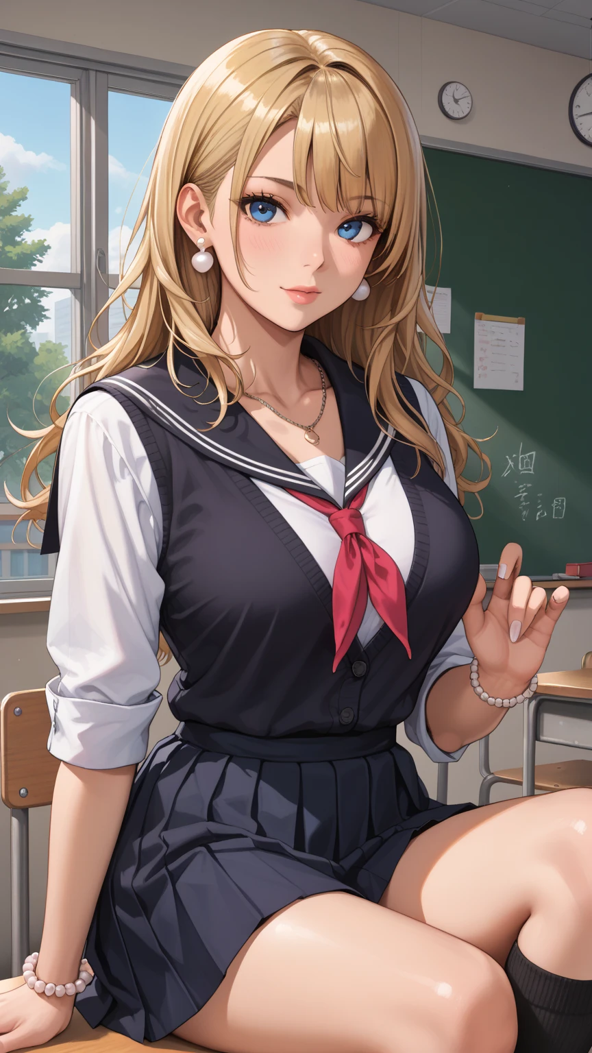(masterpiece:1.2, highest quality), (realistic, photorealistic:1.4), beautiful illustrations, (natural side lighting, movie lighting), Depth of written boundary,
looking at the viewer, (face focus, Upper body), Front view, full body figure,full body, 1 girl, English, high school girl, 15 years old, perfect face, Cute symmetrical face, shiny skin,
(((ponytail:1.7,blonde))), asymmetrical bangs, Big eyes, droopy eyes, long eyelashes chest), thin,
beautiful hair, beautiful face, fine and beautiful eyes, beautiful clavicle, beautiful body, beautiful breasts, beautiful thighs, beautiful feet, beautiful fingers,
((fine fabric texture, sailor moon, Sleeveless white collar shirt, White pleated skirt, Navy bow tie)),
(beautiful scenery), evening, (In front of the blackboard in the classroom), Are standing, (smile, Upper grade, open your mouth), (((skirt lift, No panties, genitals visible))),(((ponytail:1.7,blonde))),