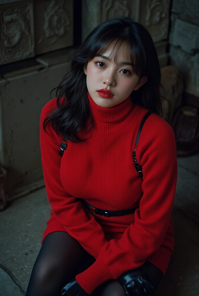 (ultra realistic,32k, masterpiece:1.2),(high detailed skin:1.1), 8k uhd, dslr, high quality,(makeup, mascara:0.9), (thick\lips\),
 mature, adult,adasweater, red sweater, turtleneck dress, harness, pantyhose, black gloves, belt, , huge breast, 
(looking at viewer, sitting, crossed legs, from above:1.1),,
,(ambient lighting:1.1), whispering hollows, murmuring echoes, hidden passages, abode of ancient spirits