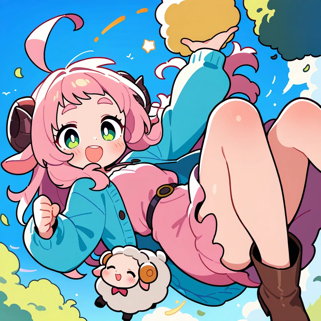 The girl is levitating and her legs are raised, the girl herself holds the star and looks at it, The girl's hair is long and blue