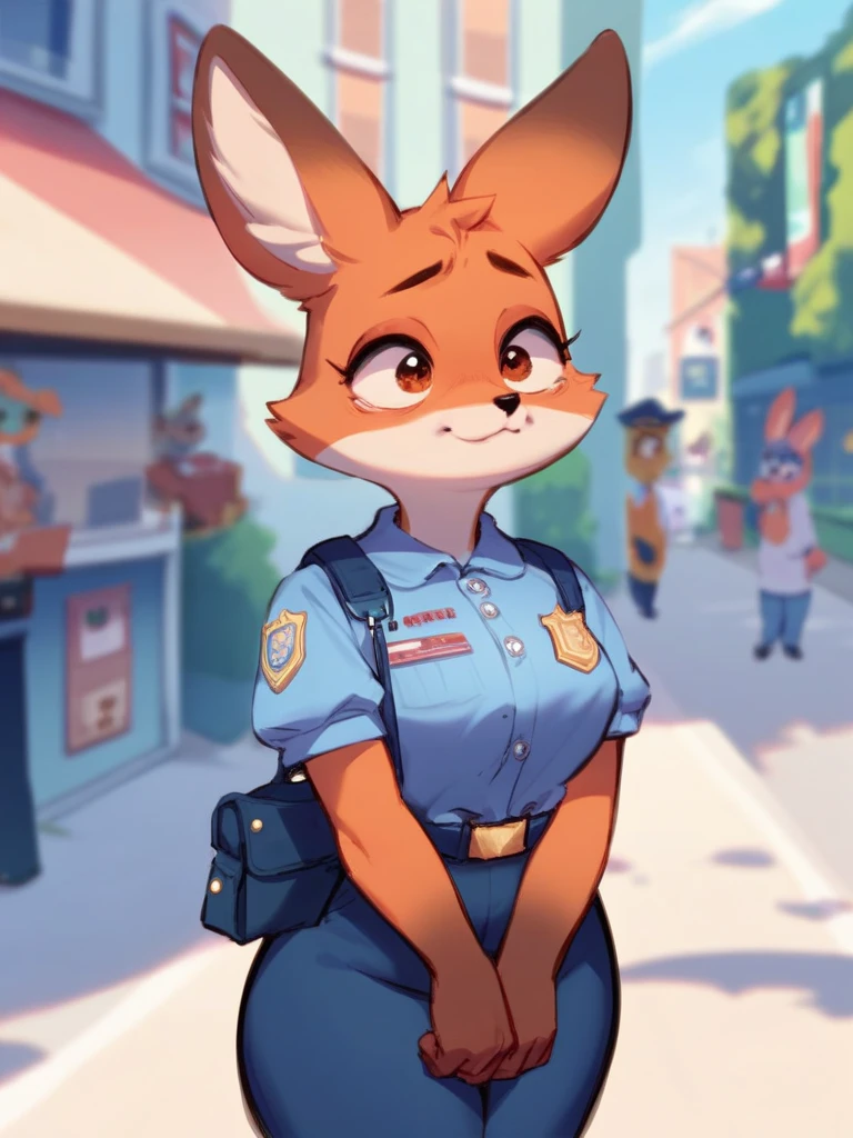 ((best quality)), ((masterpiece)), (detailed), Judy hoops with sunglasses and abs wearing a crop top of her long sleeve police uniform, navel piercing, her head looks like Nick wilde 