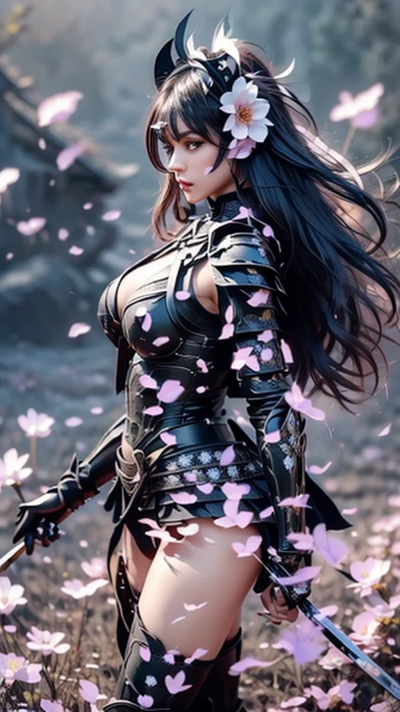 {best quality}, {very aesthetic}, {ultra-detailed}, nsfw, ((from side, portrait, looking away))、 sexy female character wearing black armor as a warrior from the Sengoku period 、((realistic))、((long, flowing hair))、((dark brown hair ))、((toned body))、(glistening skin)、 tight body、((mega breasts 1.8))、 plump breasts 、 plump thighs 、 black armor with a viola flower pattern engraved on it、((underboob))、(  wear a cape with a viola flower pattern )、garter skirt、 black shin guard with viola flowers engraved 、Black high-leg underwear 、Black tights、 absolute domain、(holding katana)、Dramatic lighting、Brilliant sunrise、 on top of the hill、((Black flowers are dancing ))、((Black flowers in full bloom are blooming in the background ))、(( Large black flowers in full bloom are blooming on the front))、 cinema-like scene 、 Max Image、 Ultra High Definition、8k、masterpiece、crisp quality、