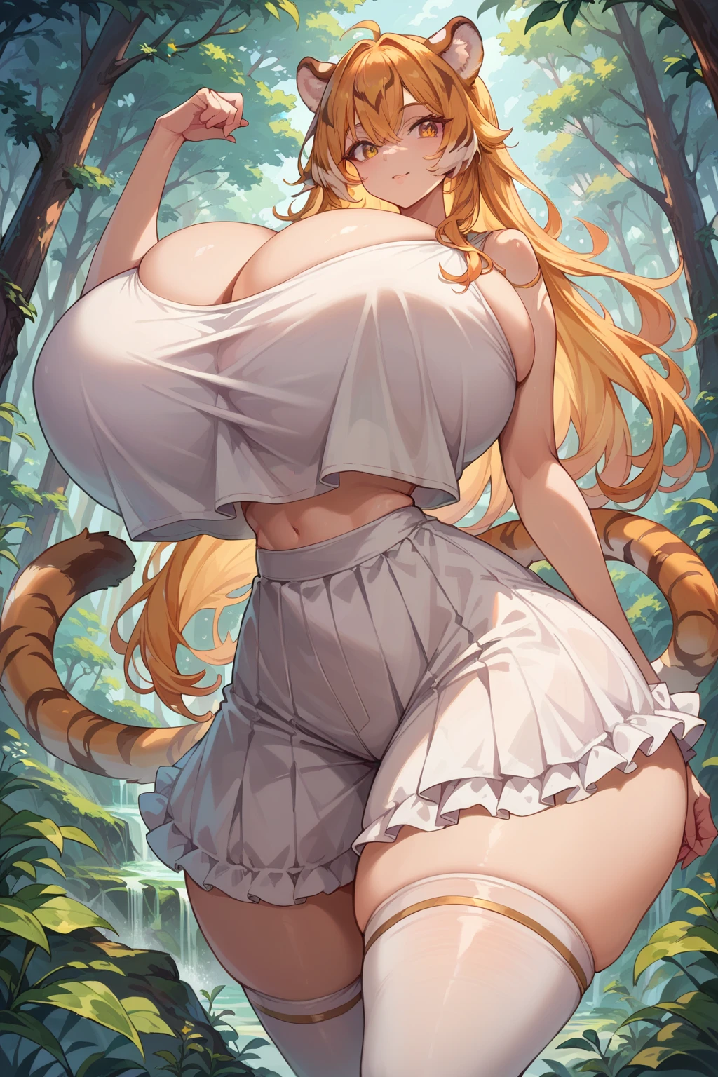 tiger colored hair, long hair, tiger ears, golden eyes, light tan, cute, (gigantic breasts, gigantic ass, gigantic thighs, extremely wide hips, curvy, slim waist), white cropped tank top, white frilled skirt, thighhighs, forest, nature