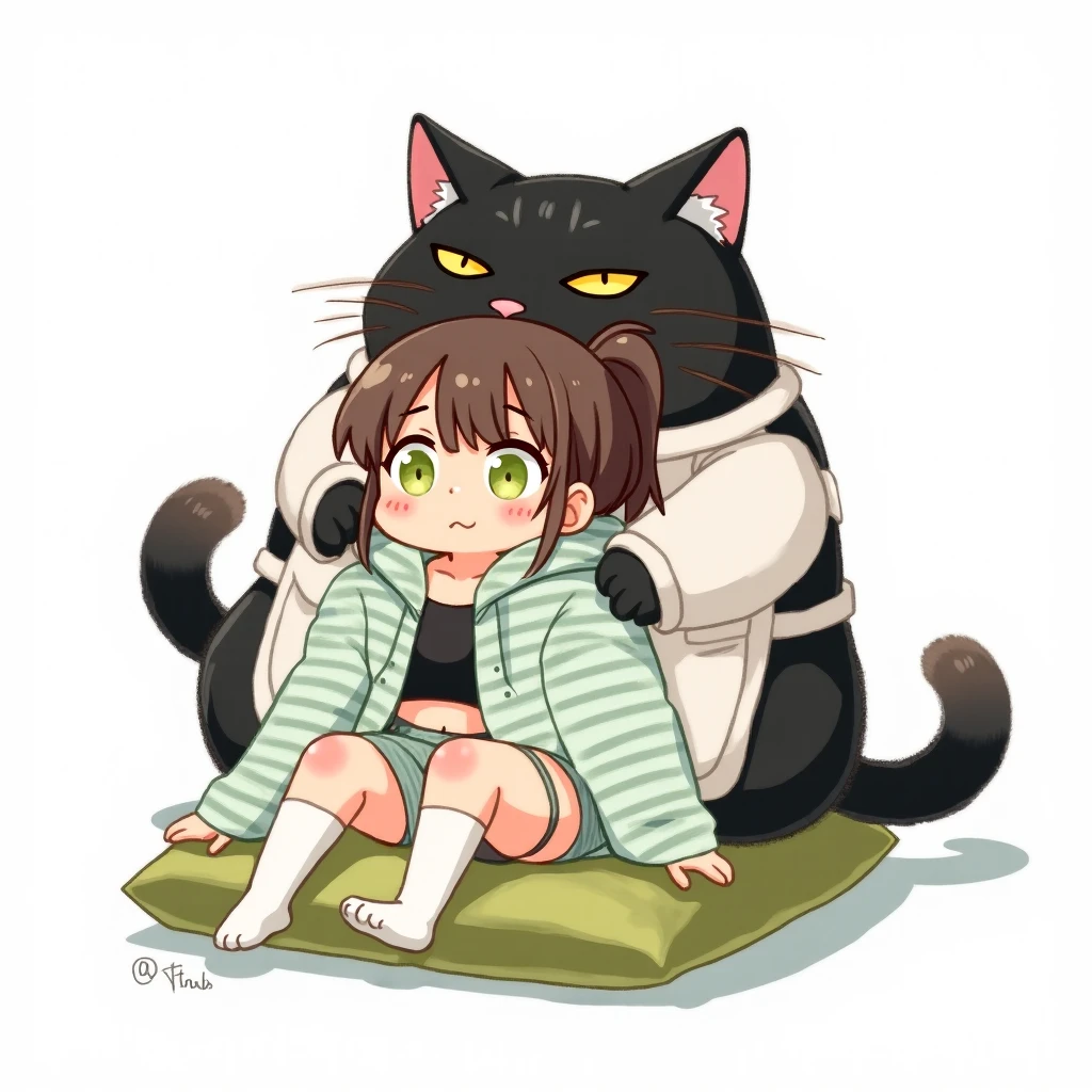 Watercolor painting illustration, full body, A big-black-cat and A cute-young-girl are sitting on cushion, A big-black-cat is 1cat\(A fat furry male black cat, wearing a white apron with long sleeves, His Ears tilted back and spread out to the sides, drooping ears, Slit yellow eyes, slit eyes, slit yellow eyes\), A cute-young-girl is 1girl\(brown hair, asymmetrical hair, updo, Lime Green eyes, A light green horizontal striped open-front hoodie over a black camisole, Light green striped shorts, White thigh high socks, wariza\), simple white background