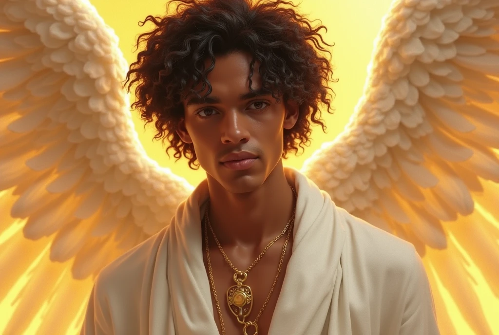A cute dark-skinned young man turned into an angel and a demon who is death With a faded white background