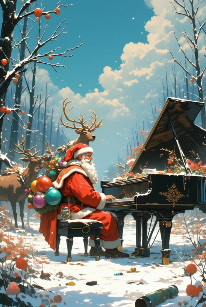 Christmas, a moment of peace, a forest that has become a battlefield, burnt trees and flowers, missile fragments, a grand piano on the snowy ground, Santa Claus playing, reindeer carrying Christmas ornaments, This is cute fantasy art that looks like a fairy tale picture book, ultra detailed, absolutely resolution, masterpiece