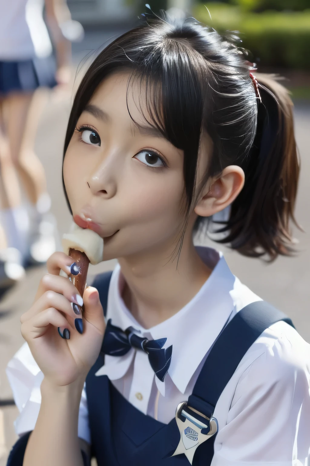 masterpiece, best quality, intricate details, extremely detailed, cinematic lighting, solo, 1girl, a  Japanese schoolgirl, White skin, (oral, blowjob, deepthroat, french bread in hand, shovel a big sausage into mouth, fully open mouth:1.4), (large breasts, ), dark hair, twintail hair, cute face, extremely detailed face, beautiful detailed eyes, sophisticated nose, pale skin, fine-textured skin, sweaty, shiny skin, photo background, at bed, school uniform, school uniform, japan, jav, deep throat, 