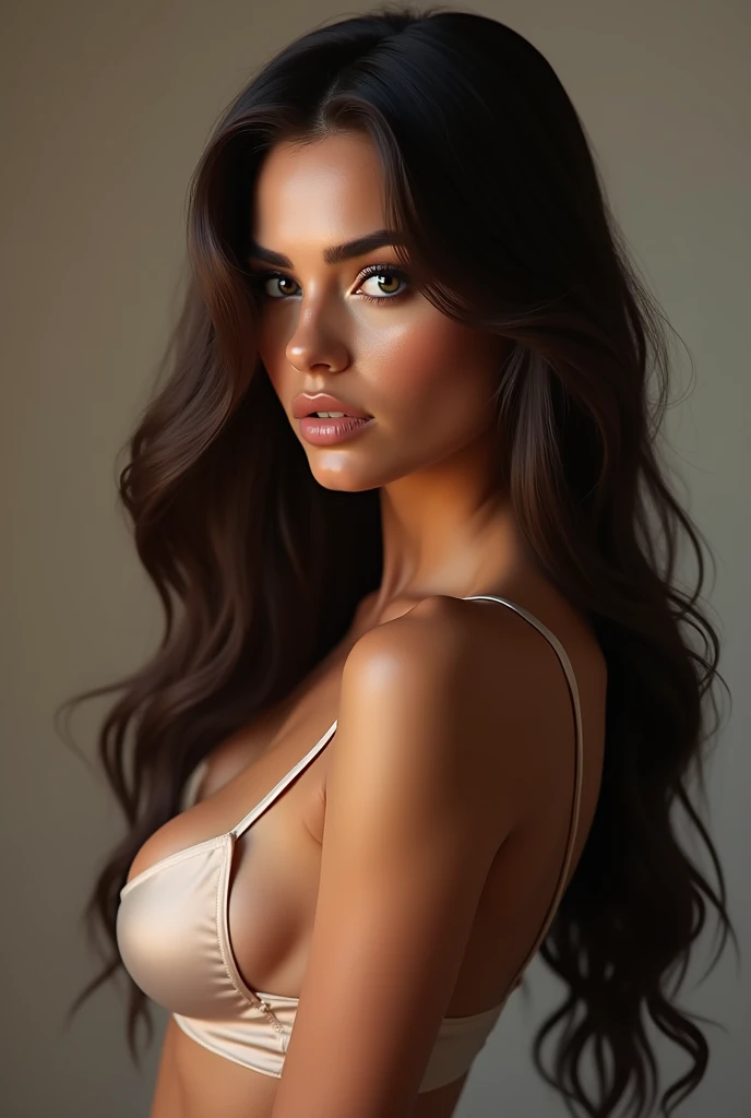 A white girl, long voluminous thick shiny and heavy hair, blue big eyes and sexy body but not naked