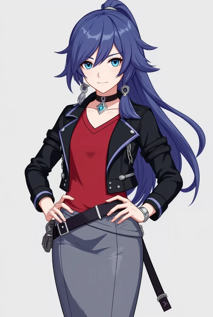 (grey background:1.2),looking at viewer,(SOLO:1.4),outline,simple background,full body,looking at viewer,(((arms at side))),skirt,jewelry,jacket,earrings,boots,choker,belt,black footwear,black jacket,red shirt,grey skirt,pencil skirt,leather,leather jacket,fu hua, fu hua cgver, long hair, bangs, blue eyes, hair between eyes, ponytail, hair ornament, grey hair, blue hair, smile, earrings