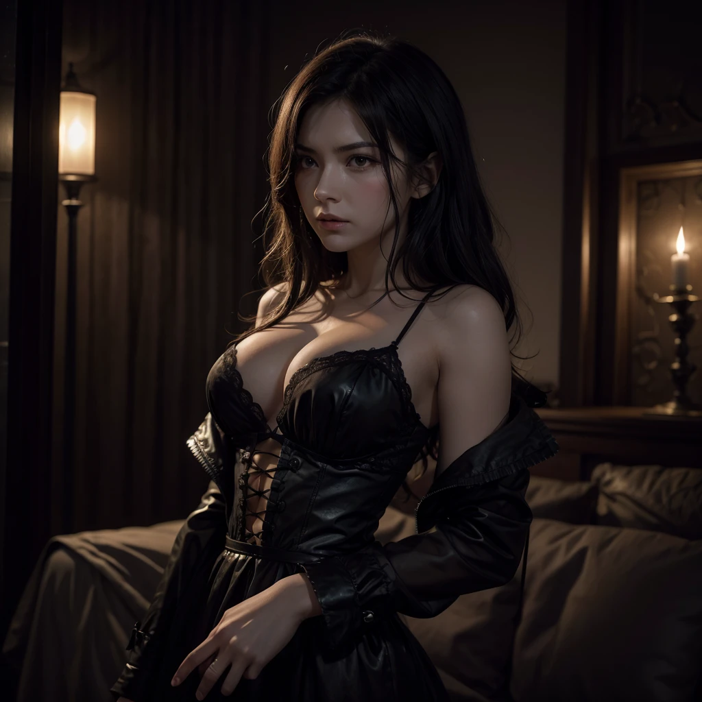 A woman with a dagger in her hand. She wears ornate, dark armor adorned with fur-lined shoulders, very small crown. Her expression is commanding, yellow eyes, flowing black hair, gotic castle background, medium and squishy breast, thin waist, blush