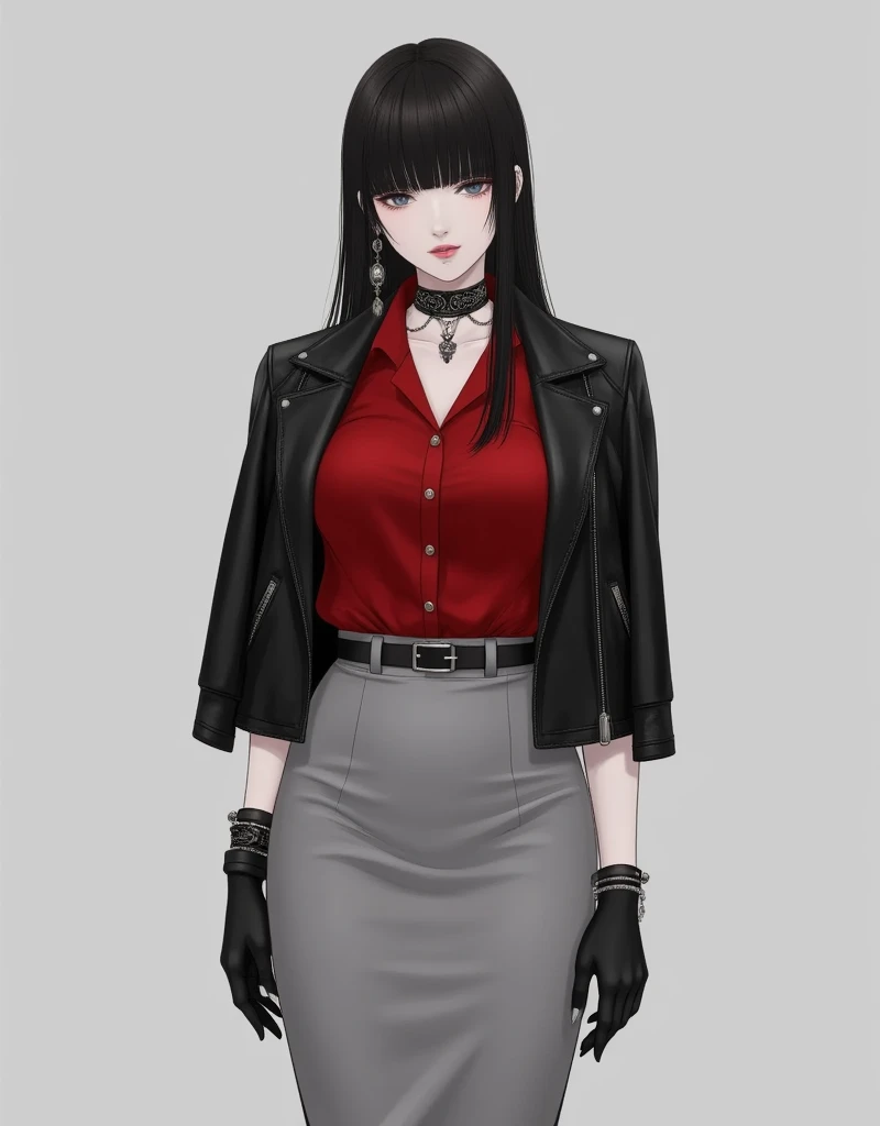 (grey background:1.2),(SOLO:1.4),outline,simple background,(((,standing,looking at viewer,arms at side))),artist:Kei_Satsuki,Kei_Satsuki_style，skirt,jewelry,jacket,earrings,boots,choker,belt,black footwear,black jacket,red shirt,grey skirt,pencil skirt,leather,leather jacket,black hair,long hair,blue eyes,bangs,swept bangs,