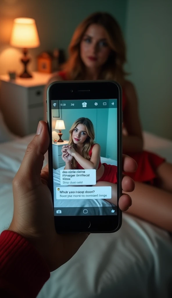 POV perspective shooting，Holding a cell phone，The phone screen interface shows two unread messages，The background is in a small bedroom ， with a blurred woman in a red cheerleader uniform lying on a bed