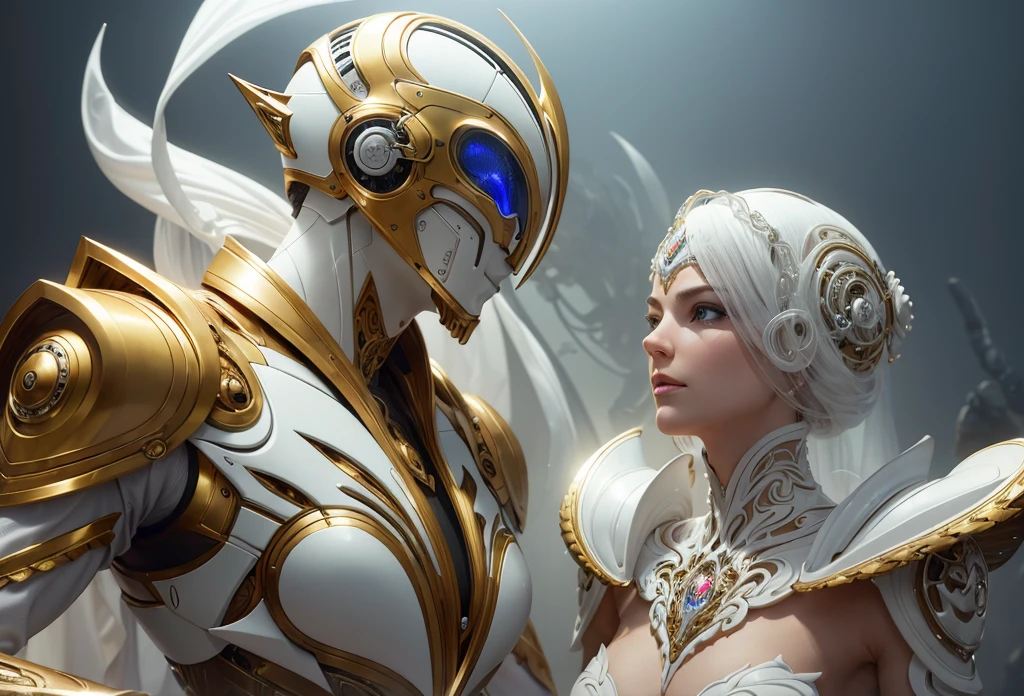 there is a woman that is touching a robot in a building, inspired by Stephan Martinière, jeweled ornate leather armour, die antwoord ( yolandi visser ), still image from the movie, ornate cosplay, astral dress, white biomechanicaldetails, palace dance, terminals, inspired by Richard Randolph Rubenstein, by Tadashi Nakayama, hyperdetailed unreal engine --ar 16:9 --auto --s2