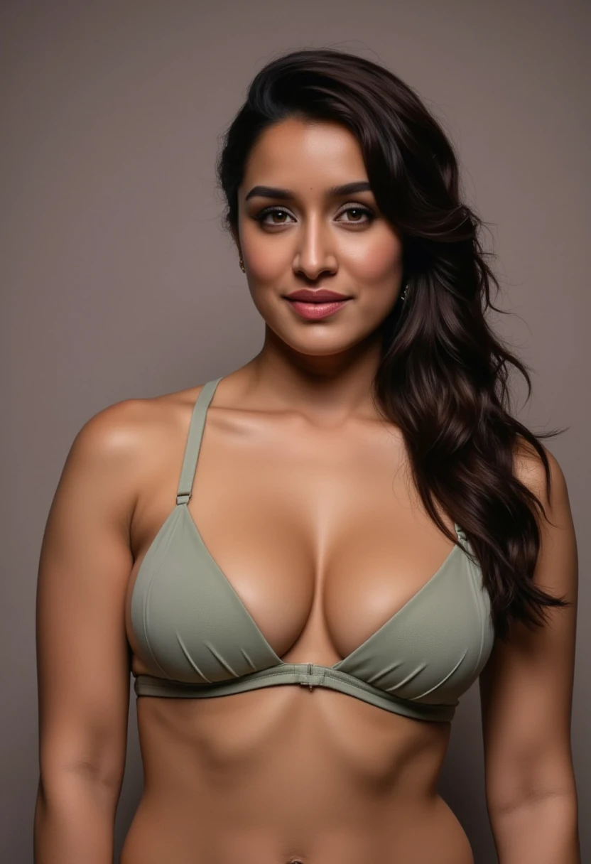 full body photo of sexy shraddha showing her vagina and breast nipple, navel and deep cleavage large breast, mini bra(cinematic:1.3), intricate details, (ArtStation:1.2), long legs