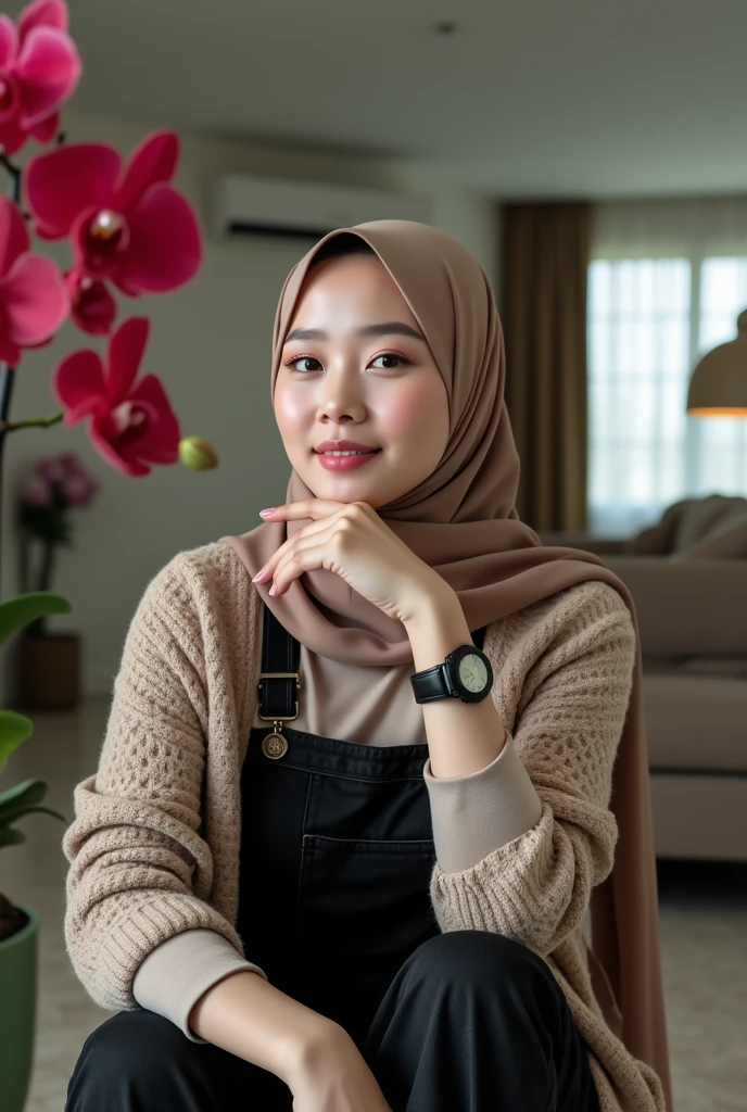 “a beautiful young woman wearing a hijab in a casual, stylish outfit. (She is dressed in a brown hijab and matching sweater, paired with blue jeans). She is sitting casually with her head resting on her hand, smiling warmly. She has a white woven handbag slung over her shoulder and a black watch on her wrist. The background is a simple, light gray wall, allowing her to be the focal point of the image. The overall vibe is friendly, approachable, and fashionable.”