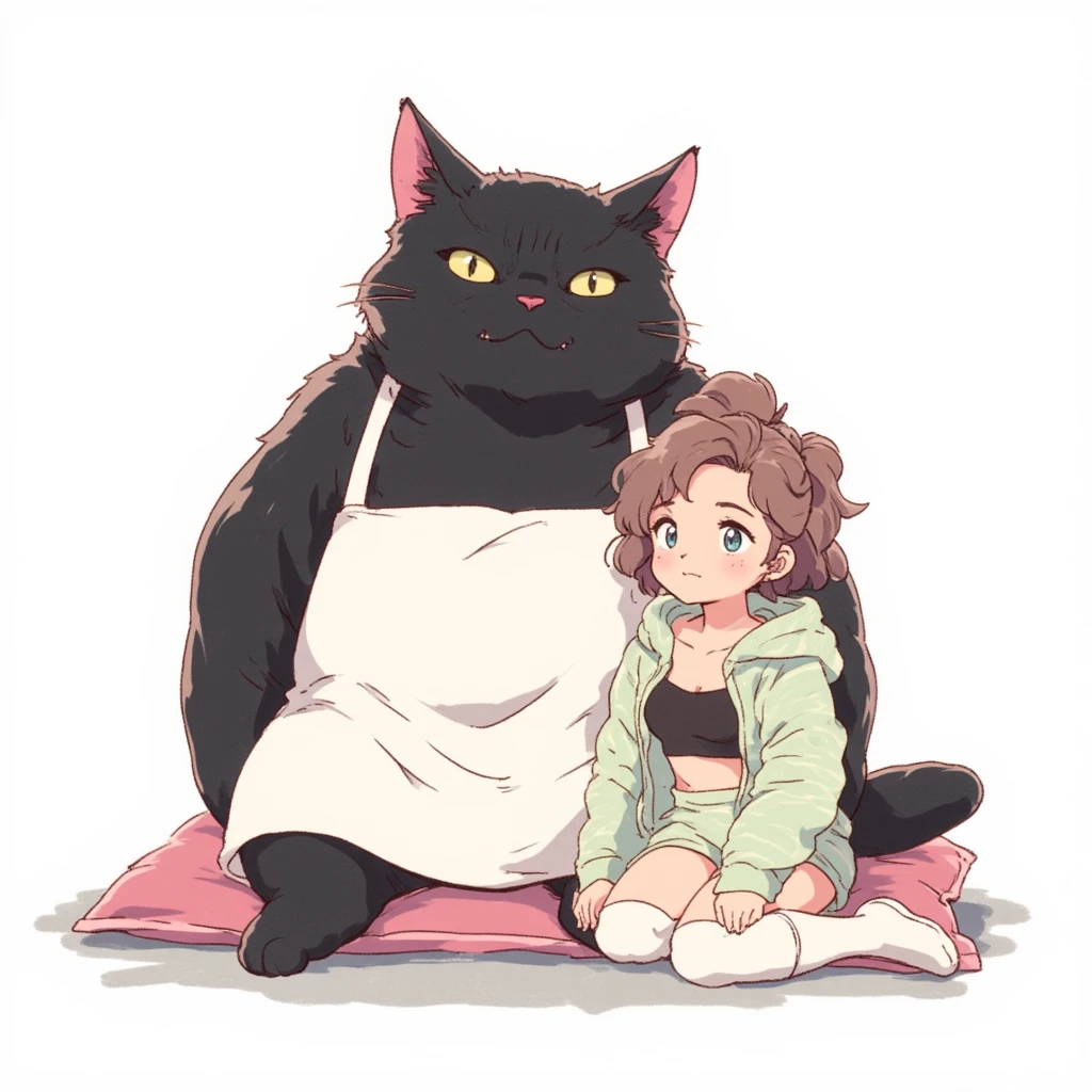 Watercolor painting illustration, full body, A big-black-cat and A cute-young-girl are sitting on cushion, A big-black-cat is 1cat\(A fat furry male black cat, wearing a white apron with long sleeves, His Ears tilted back and spread out to the sides, drooping ears, Slit yellow eyes, slit eyes, slit yellow eyes\), A cute-young-girl is 1girl\(brown hair, asymmetrical hair, updo, Lime Green eyes, A light green horizontal striped open-front hoodie over a black camisole, Light green striped shorts, White thigh high socks, wariza\), simple white background