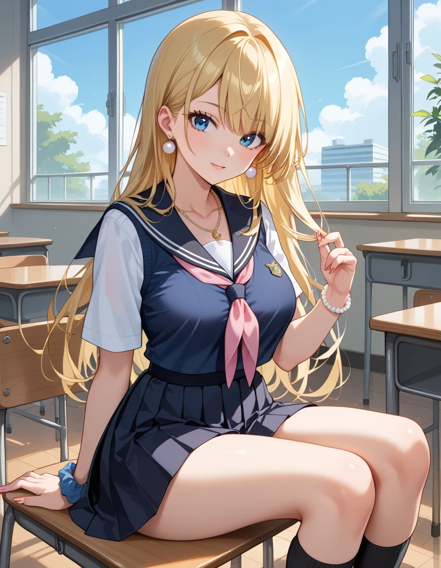 score_9, score_8_up, score_7_up, ((Best Quality)), (Super Detail), 1 Girl, blonde hair color, long hair, classroom, window, hip length hair, super long hair, Bangs, blue eyes, sitting, Hair ornament, Tistol, School uniform, Collared shirt, Clothes around the waist, Bangs, Black socks, Black vest, Long hair, Long sleeve, Cardigan, Side lock, Knee high, Dress shirt, necklace, collarbone, black dress, jewelry, sweater, earrings, pearl earrings, loose tie, socks, neckerchief, sailor collar, pleated skirt, white socks, black skirt, short sleeves, shirt, white shirt, black sailor collar, pink neckerchief, beaded bracelet, Wrist scrunchies, long nails, bangs, extremely long hair, very big breasts, curvy, perfect hands, hand detail, fixed fingers, looking_al_Viewer, top quality, rich detail, perfect image quality,