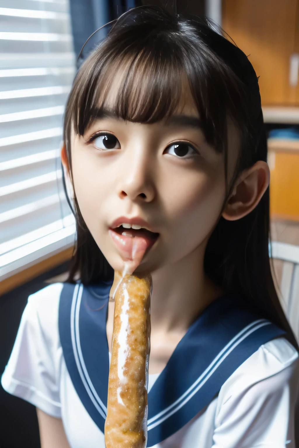 masterpiece, best quality, intricate details, extremely detailed, cinematic lighting, solo, 1girl, a 16yo Japanese schoolgirl, White skin, (oral, blowjob, deepthroat, french bread in hand, shovel a big sausage into mouth, fully open mouth:1.4), (large breasts, ), dark hair, twintail hair, cute face, extremely detailed face, beautiful detailed eyes, sophisticated nose, pale skin, fine-textured skin, sweaty, shiny skin, photo background, at bed, school uniform, school uniform, japan, jav, deep throat, 